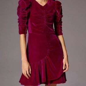 REBECCA TAYLOR Cranberry Pink Ruched Velvet Smocked Ruffle Victorian Dress 6